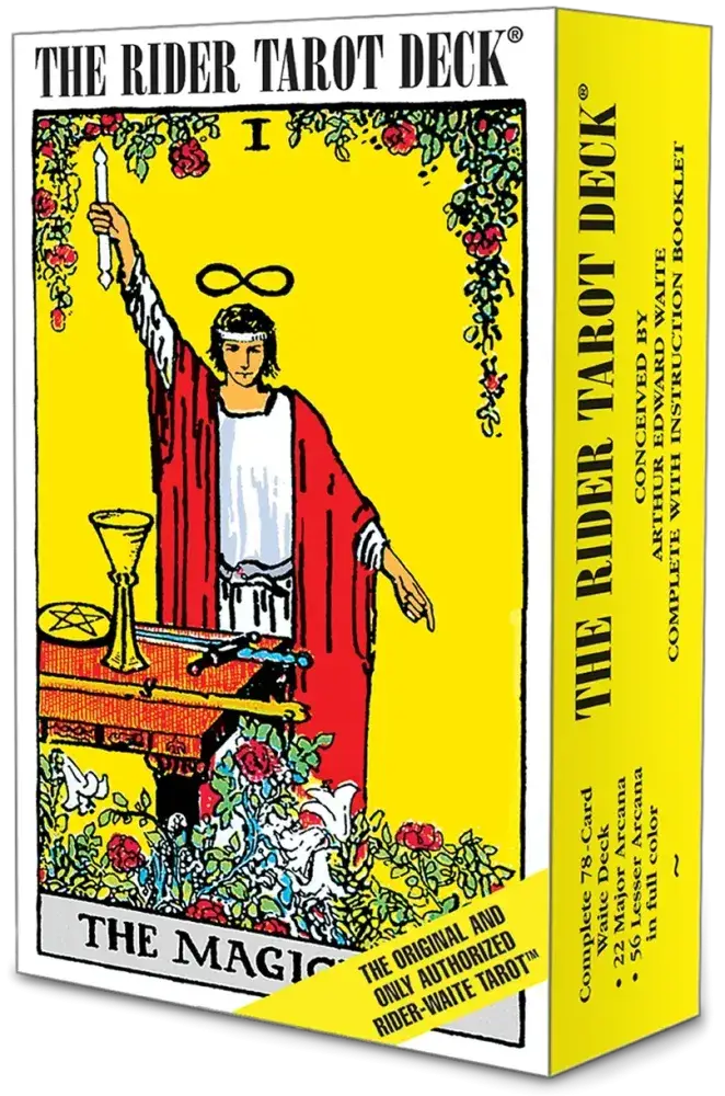 Rider-Waite® Tarot Deck box featuring the Magician card illustration with black and red text on yellow.