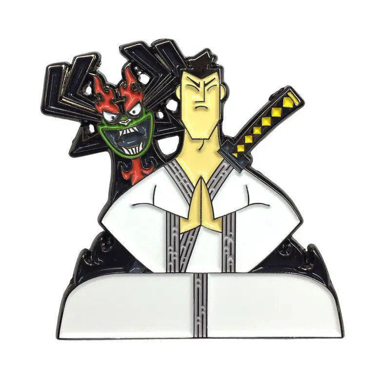 Kolorspun Pins Samurai Jack soft enamel pin featuring Jack in white with hands joined and a demon face behind him.