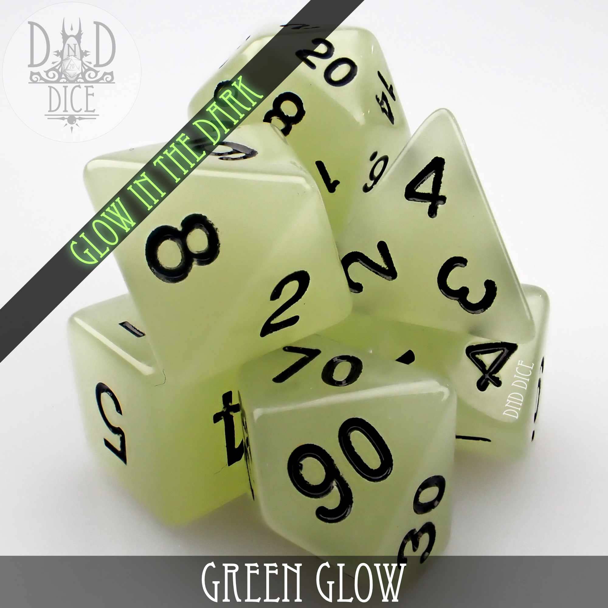 7-piece green glow-in-the-dark acrylic dice set with black numbers.