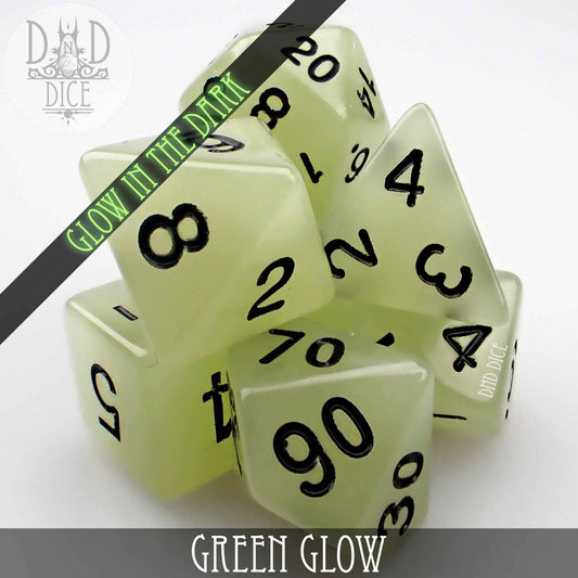 7-piece green glow-in-the-dark acrylic dice set with black numbers.