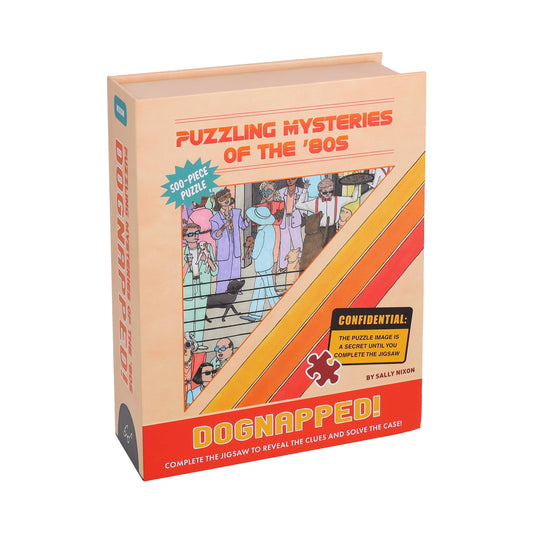 Mysteries of the 80s Dognapped 500-piece book-shaped puzzle with a retro dog kidnapping mystery scene.