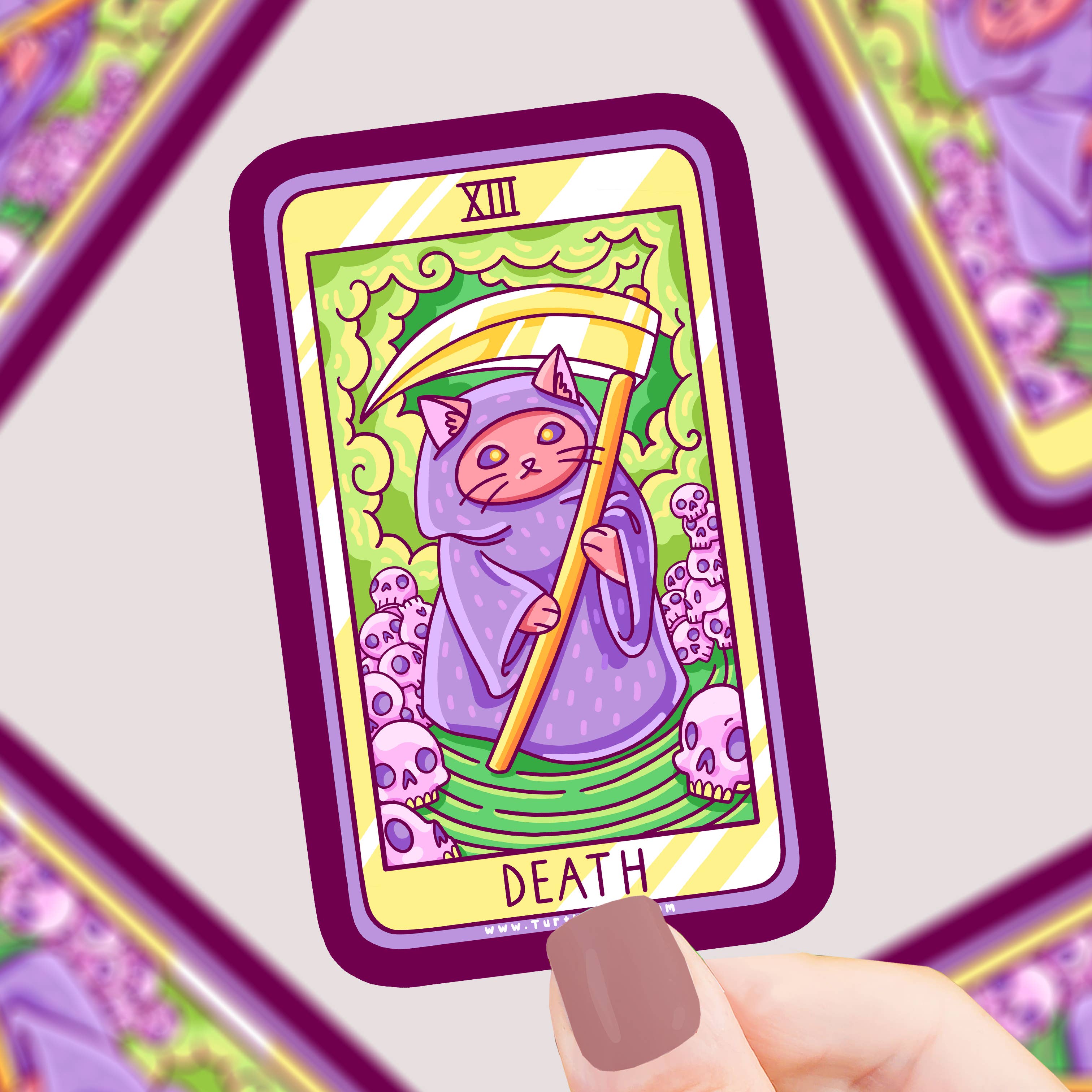 Death Cat Major Arcana Tarot Card vinyl sticker featuring a cloaked cat with a scythe and purple skulls.