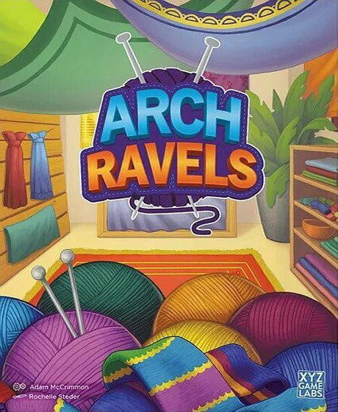 ArchRavels board game displayed with colorful yarn balls and knitting needles.