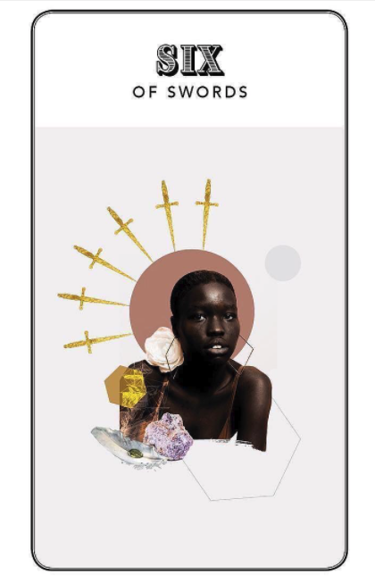 Gold Lyre Tarot Six of Swords card featuring a portrait, six swords, and geometric elements.
