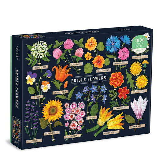 Edible Flowers 1000 Piece Puzzle featuring illustrated flowers with names on a black background.
