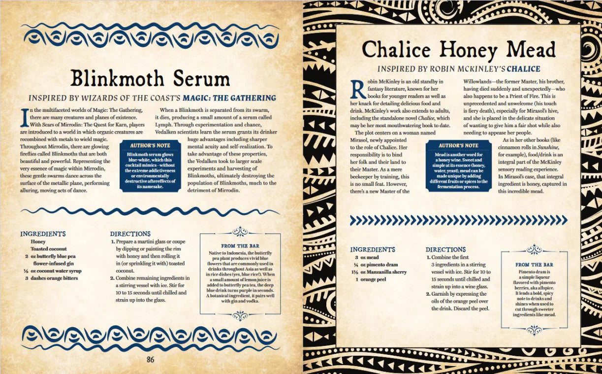 Drinking with Wizards, Warriors and Dragons book open to pages showing fantasy cocktail recipes including Blinkmoth Serum.