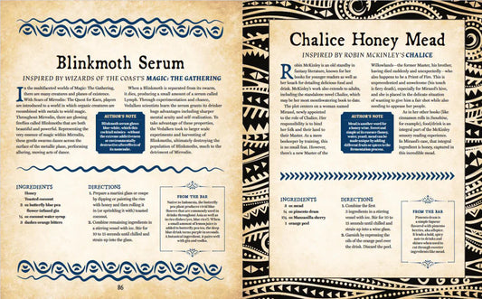 Drinking with Wizards, Warriors and Dragons book open to pages showing fantasy cocktail recipes including Blinkmoth Serum.