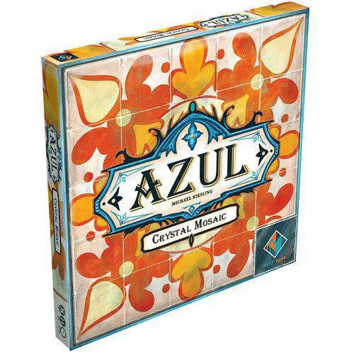 Azul: Crystal Mosaic expansion with orange-yellow tiles, blue logo, and player board overlays.