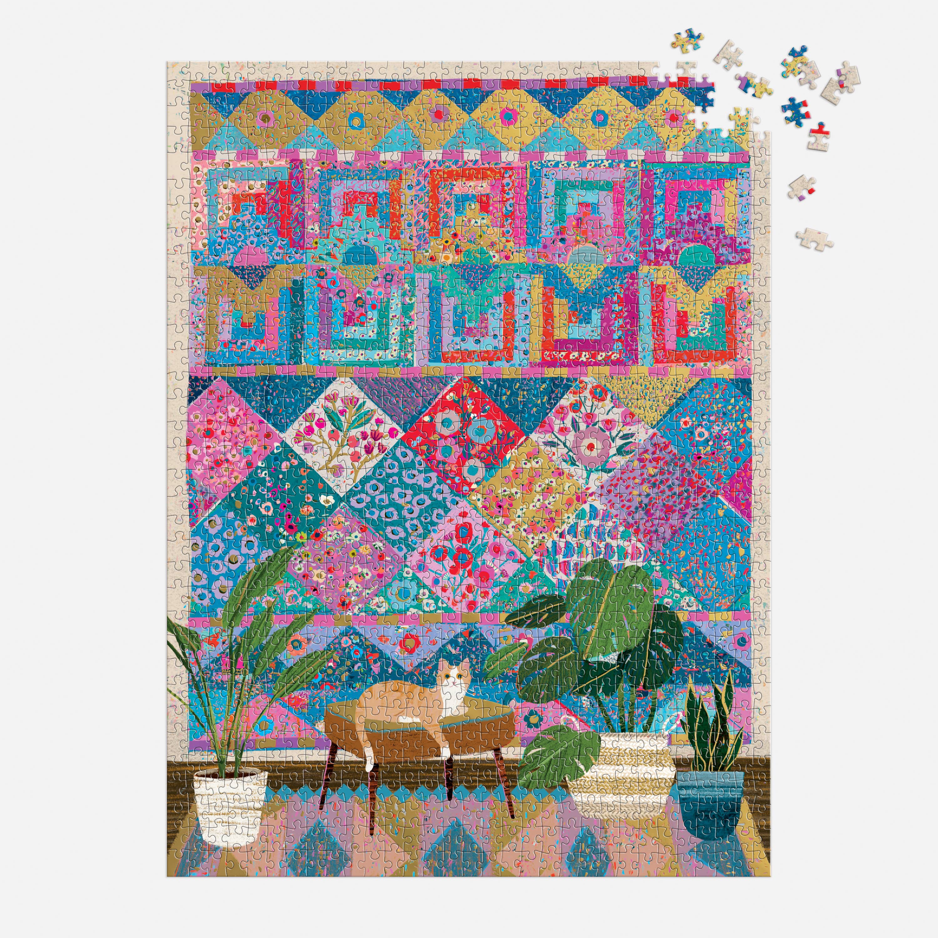 Victoria Ball Quilter’s Corner 1000-piece foil puzzle with cat, plants, and missing pieces in the corner.