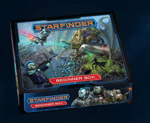 Starfinder Roleplaying Game Beginner Box tabletop game set featuring sci-fi adventure with heroes and aliens.