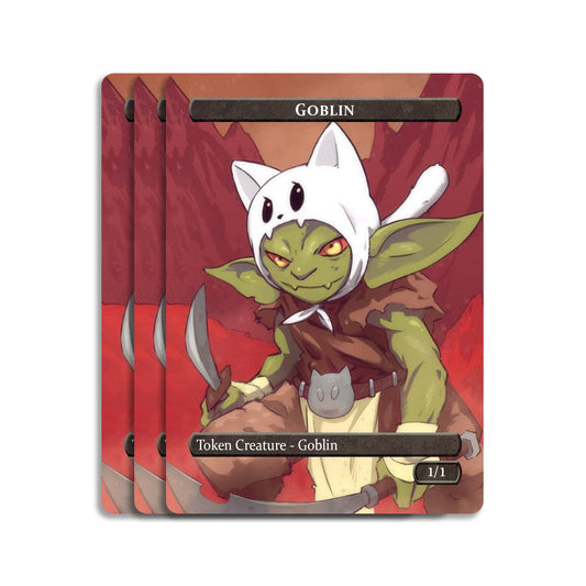 Gold & Goblin Token Set, MtG-inspired, featuring a red-eyed goblin in a cat-hood with daggers.