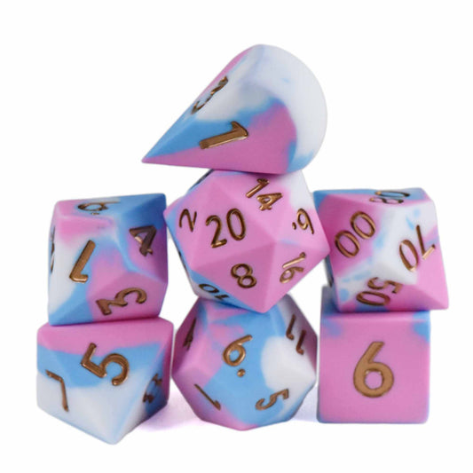 Chonky Bubblegum Oversize Silicone set: 7 pink, blue, and white DND dice with gold numbers stacked together.