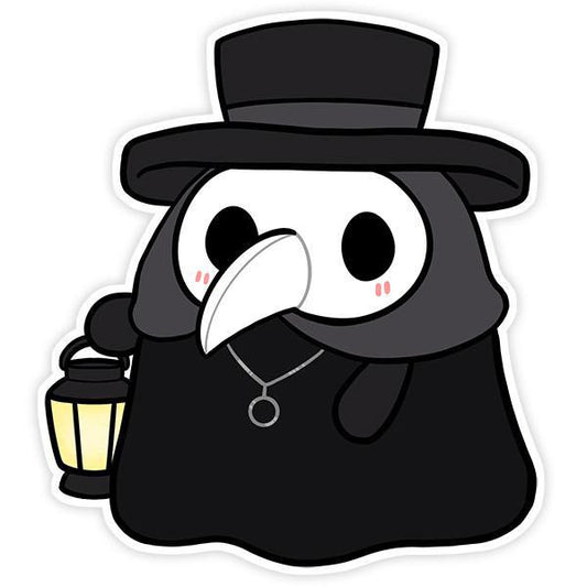 Plague Doctor Sticker Squishable featuring beak mask, black robe, top hat, and lantern.