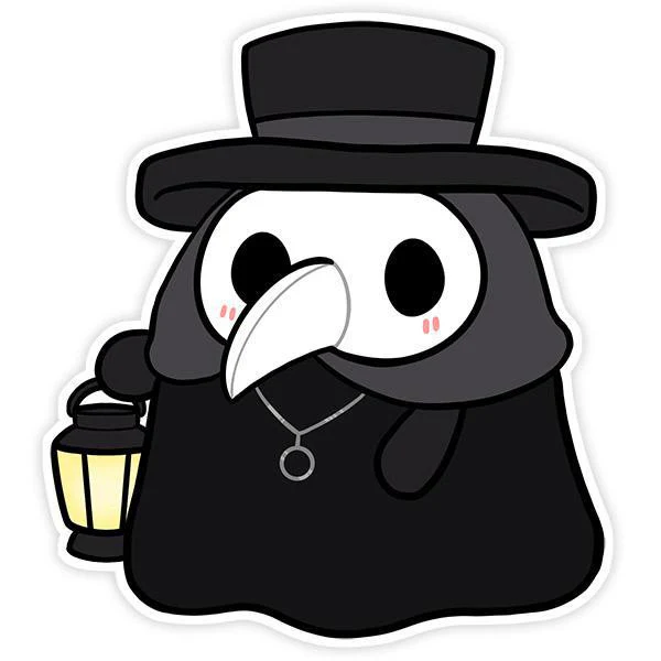 Plague Doctor Sticker Squishable with beaked mask, cloak, hat, and lantern.