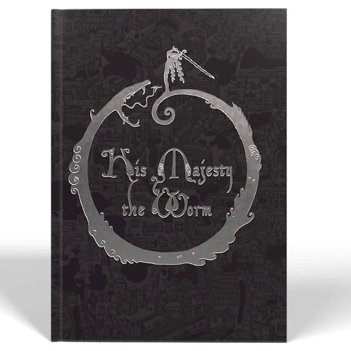 His Majesty the Worm dungeon RPG book with black cover and silver text, featuring a serpent border and knight illustration.