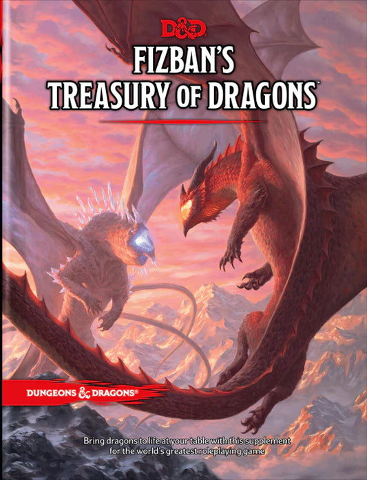 Fizbans Treasury of Dragons cover featuring two dragons and Dungeons & Dragons dragon-themed content.