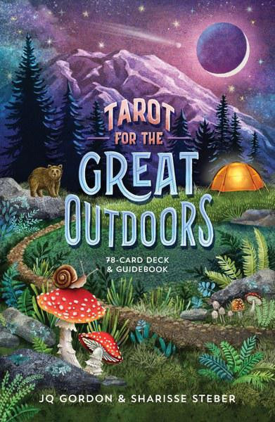 Tarot for the Great Outdoors 78-card deck and guidebook with tent, bear, moon, trees, and mushrooms on the cover.
