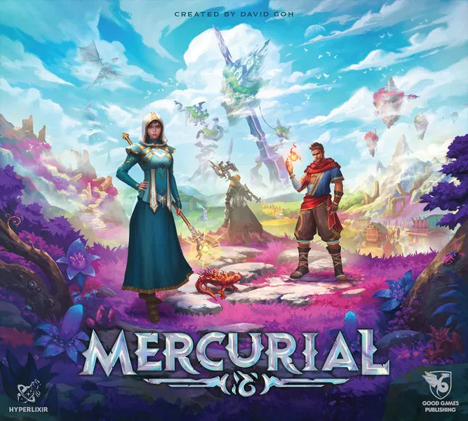 Mercurial spellcrafting game with two fantasy heroes in a magical world; Mercurial title shown below.