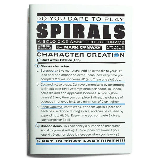 Spirals solo dice game rulebook featuring quick character and labyrinth creation options.