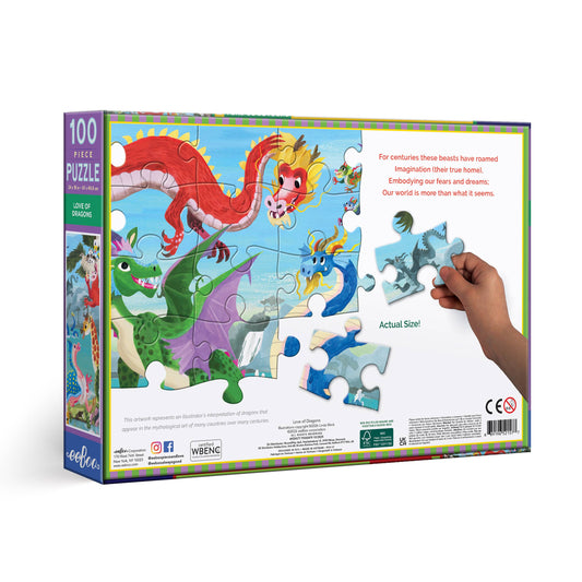 Back of Love of Dragons 100 Piece Puzzle box showing dragon illustration and a hand holding puzzle pieces.