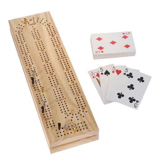 Cribbage Travel Set with pegs, a deck of cards, and four fives—one from each suit—displayed beside it.
