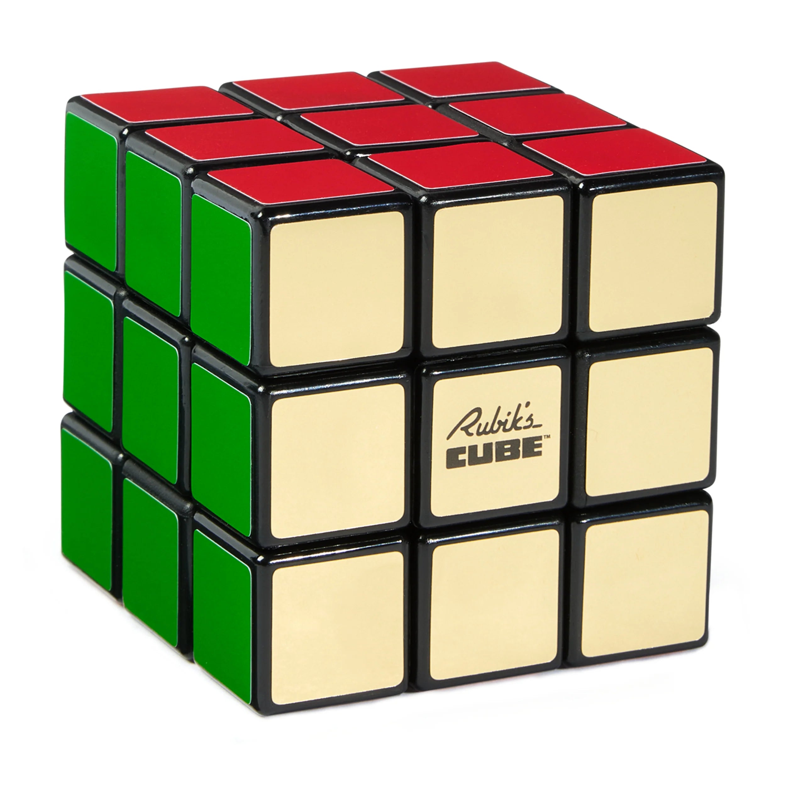 Rubiks Retro 50th Anniversary 3x3 cube solved, showing green, red, and yellow faces with the Rubik’s logo on yellow.