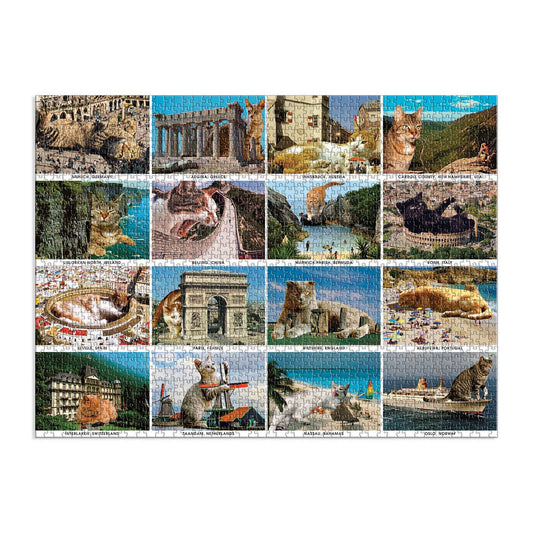 Vacation Cats 1500 Piece Puzzle featuring giant cats digitally added to European landmarks.