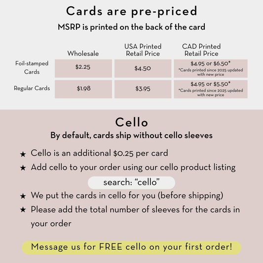 Spectacular Year Birthday Card pricing and cello sleeve guide for recycled paper orders.