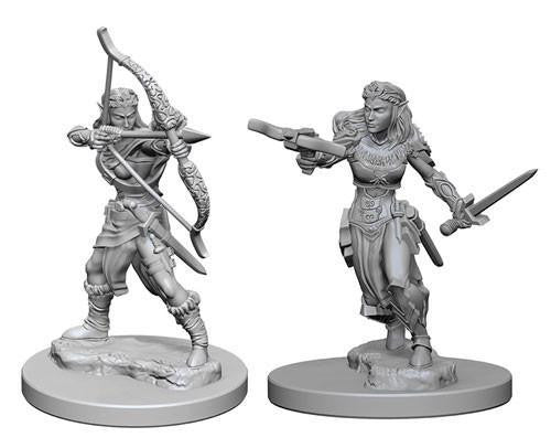 D&D: NMU: Elf Ranger W1 set with 2 pre-primed miniatures—archer and warrior—on round bases, unpainted.