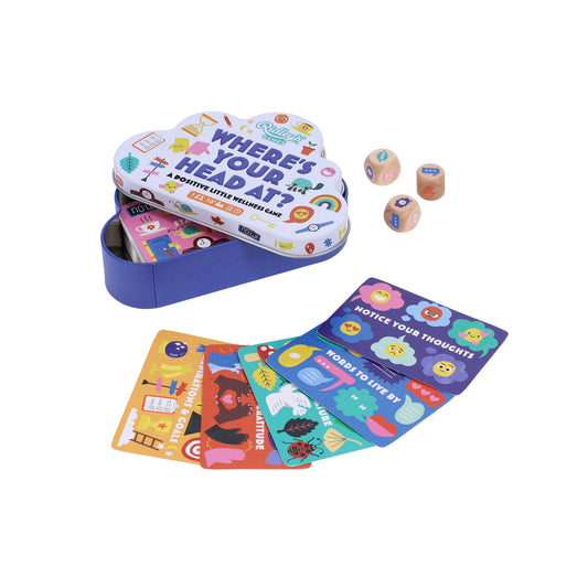 Wheres Your Head At? kids’ mindfulness game with cards, dice, and a cloud-shaped tin.
