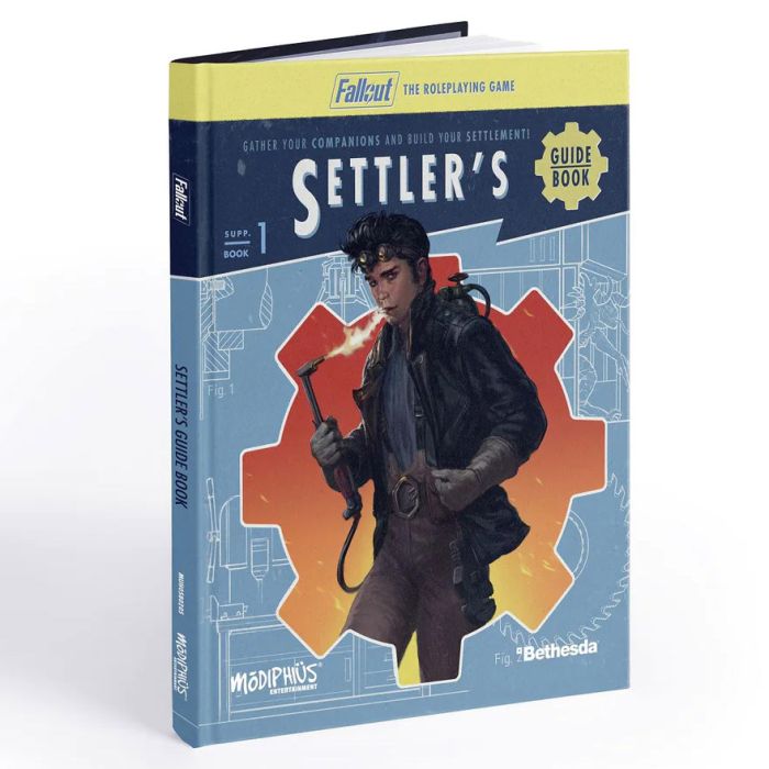 Fallout RPG: Settlers Guide Book with blue and orange cover showing a person holding a wrench.