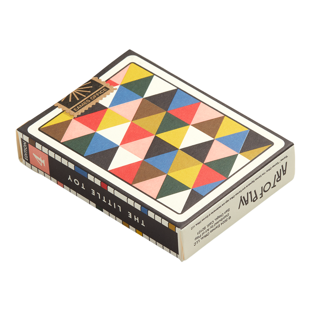 Eames The Little Toy Playing Cards in a sustainable paper box with a colorful geometric triangle pattern.