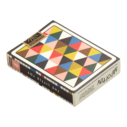 Eames The Little Toy Playing Cards in a sustainable paper box with a colorful geometric triangle pattern.