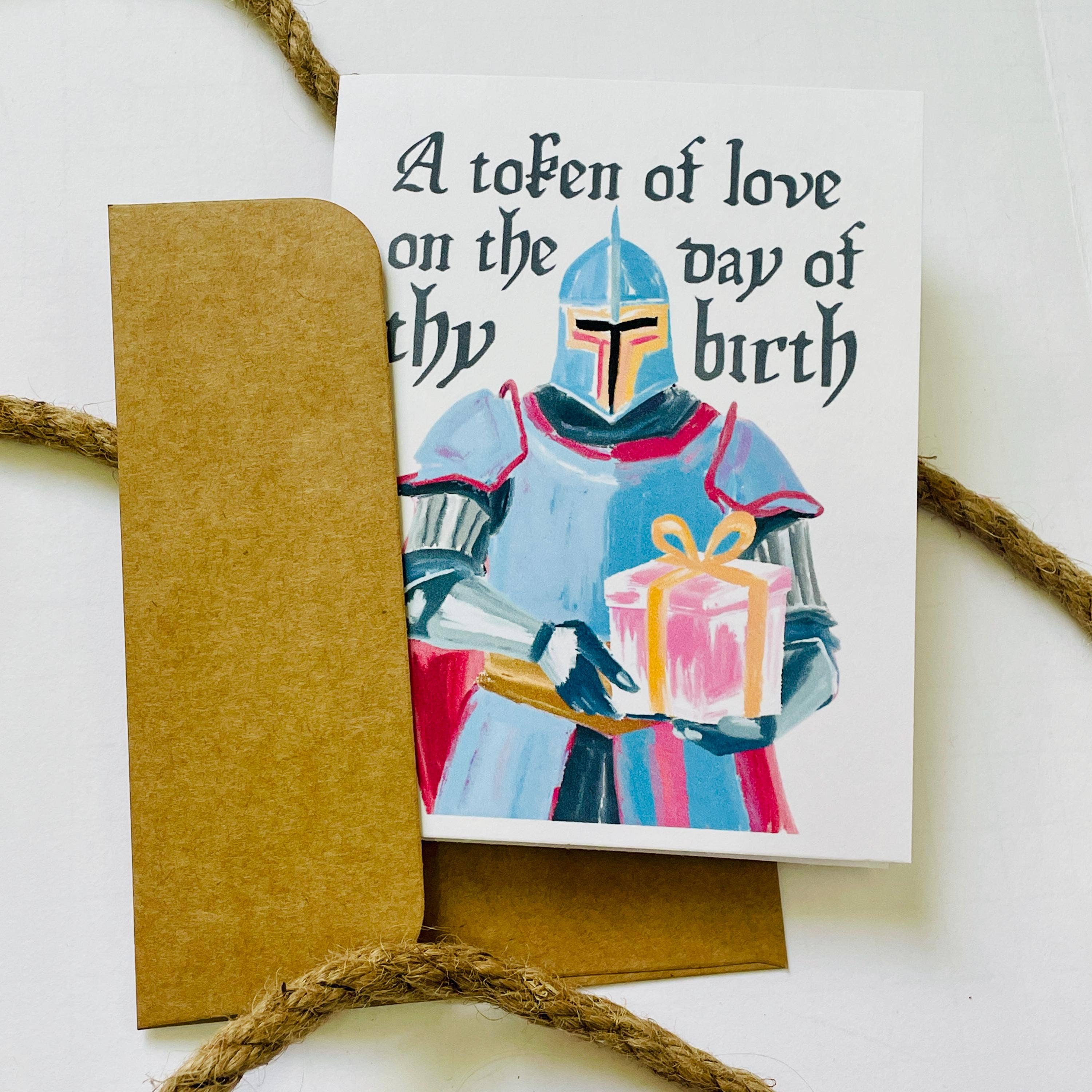 Medieval & Renaissance Role-Playing Birthday Card with knight and gift, includes kraft envelope.