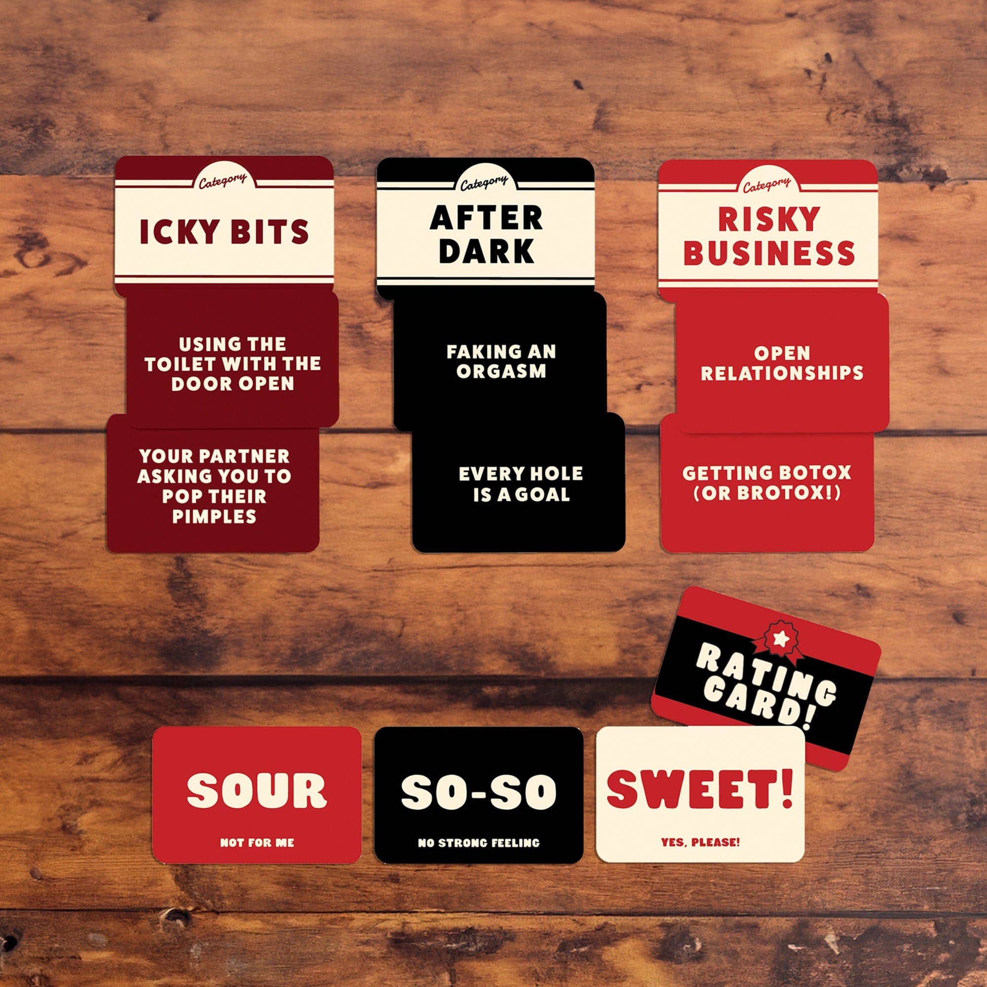 Spicy Pickles conversation card game with Icky Bits, After Dark, Risky Business, and Sour/So-So/Sweet cards.