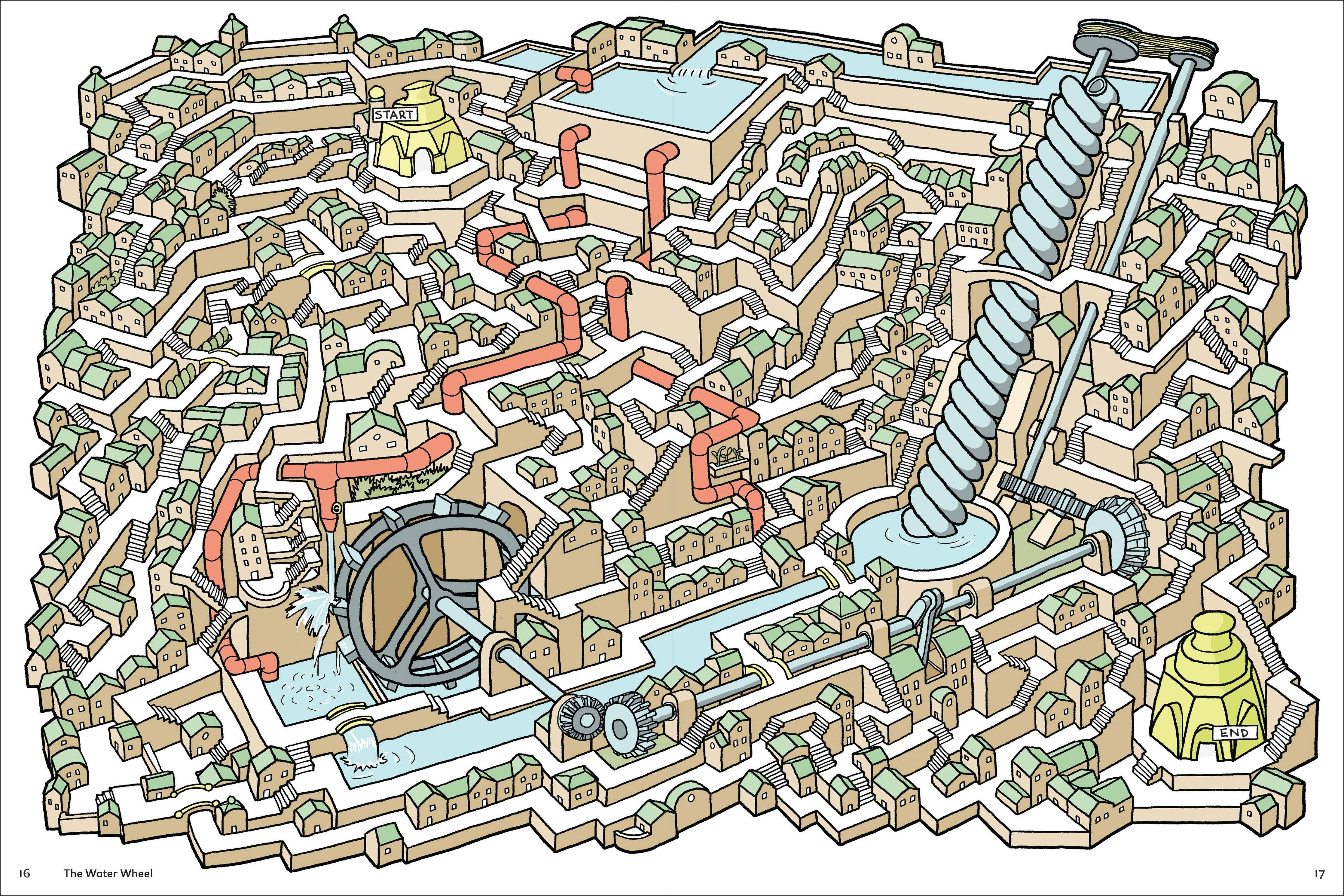 From Here to There puzzle book featuring isometric maze city with waterwheels, pipes, and waterways.