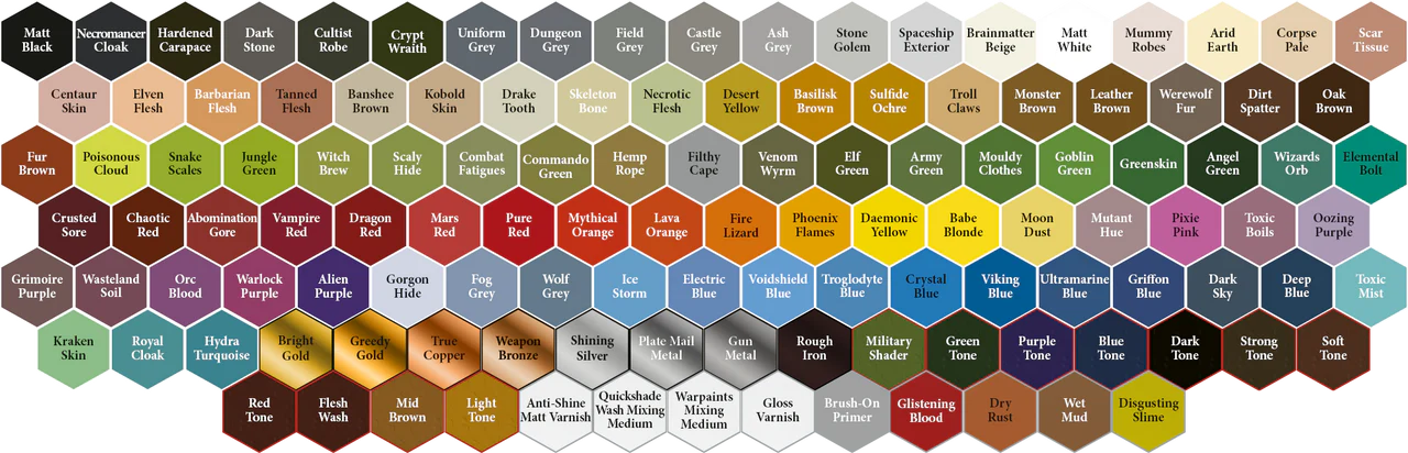 The Army Painter Warpaints 18ml color swatches displayed in a grid, each labeled with its color name.