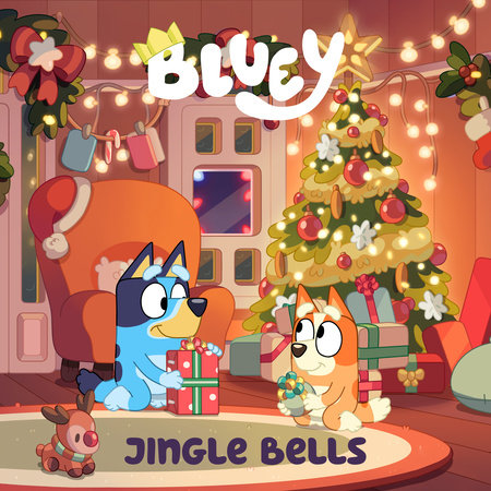 Bluey: Jingle Bells board book featuring Bluey and Bingo exchanging gifts by a tree in their living room.