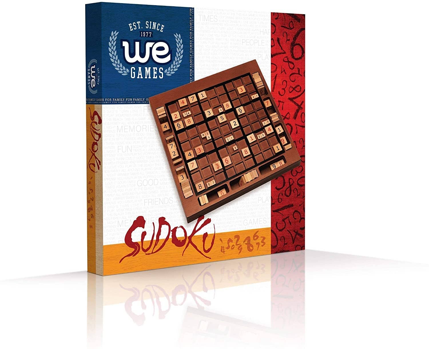 WE Games Wooden Sudoku Board in Walnut Stain, 11.5 in, with box featuring WE Games logo and Sudoku text.