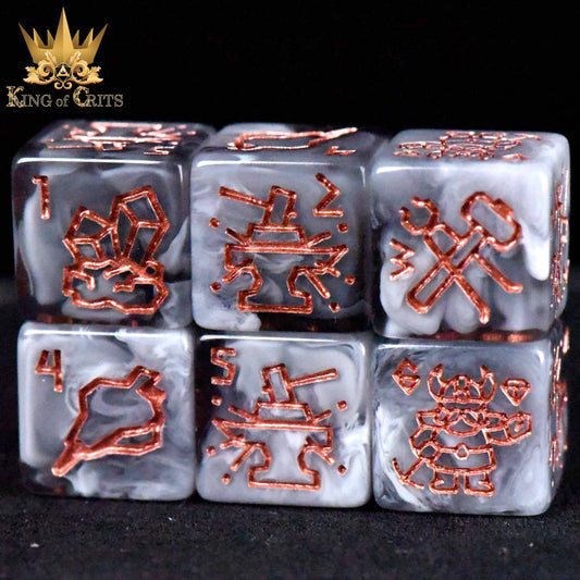 Six marbled dice from the Dwarven Dynasty 11 Dice Set with copper fantasy symbols on black.