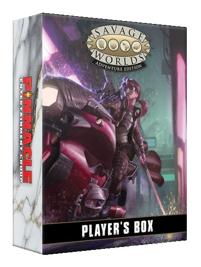 Savage Worlds Adventure Edition Players Box cover featuring futuristic knight, red robotic mount, and XL card storage.