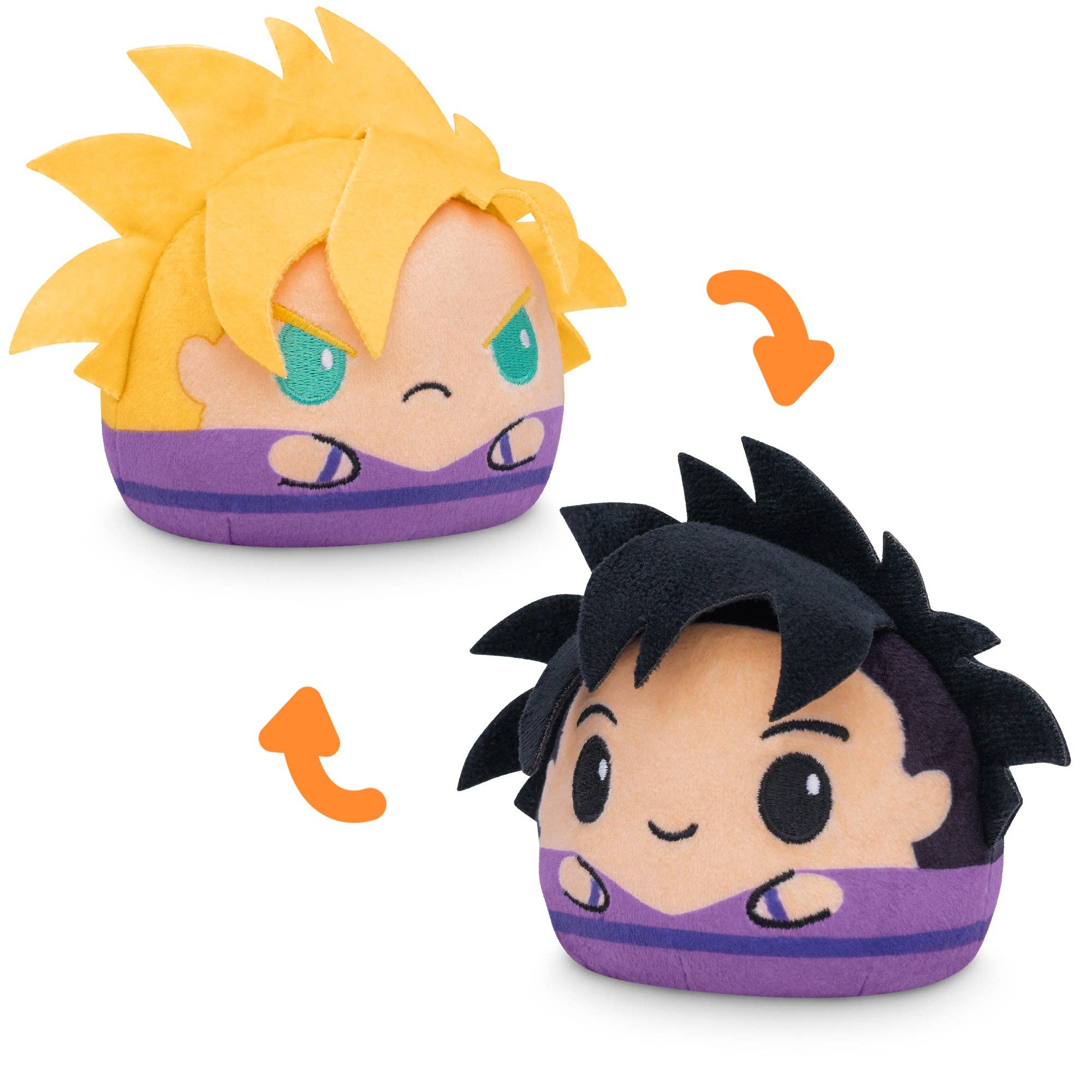 Dragon Ball Z reversible plushie featuring a character with blonde and black hair variants.