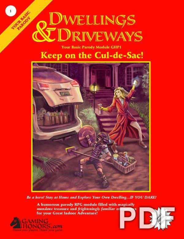 Dwellings & Driveways: Keep on the Cul-de-Sace parody RPG cover featuring two people by a van.