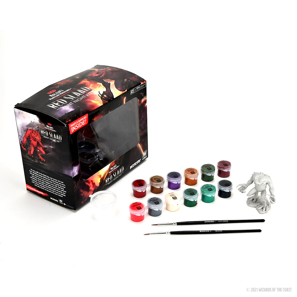 DUNGEONS & DRAGONS Nolzurs Paint Night Kit 3: Red Slaad with paints, brushes, unpainted miniature, and box.