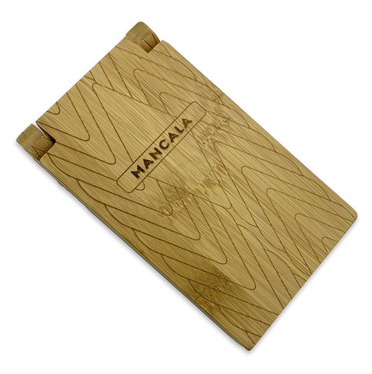 Travel Bamboo Mancala Game with closed board, geometric patterns, and magnetic clasp.