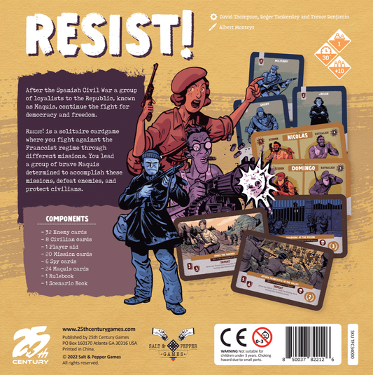 Back of Resist game box showing illustrated characters and cards from the solitaire card game.