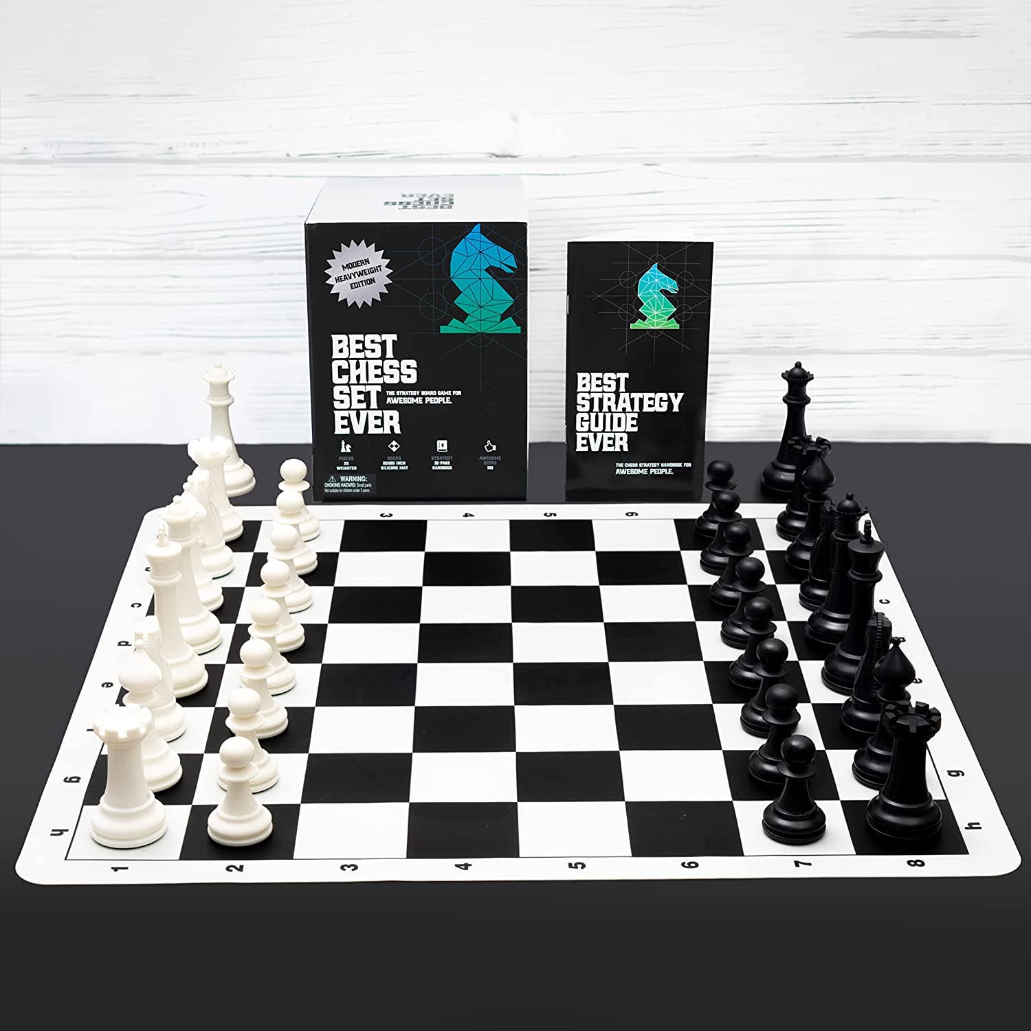 The Best Chess Set Ever 3x Tournament Set with weighted pieces and double-sided silicone board with labeled squares.