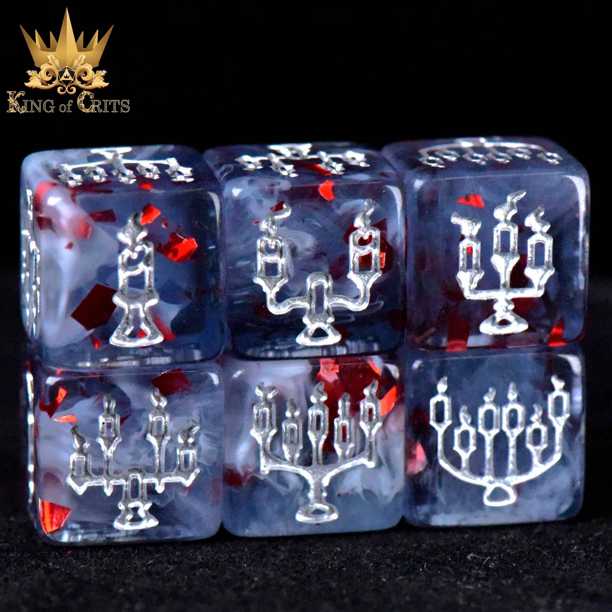 The Vampiric Bloodline 11 dice set with red glitter and silver menorah designs.