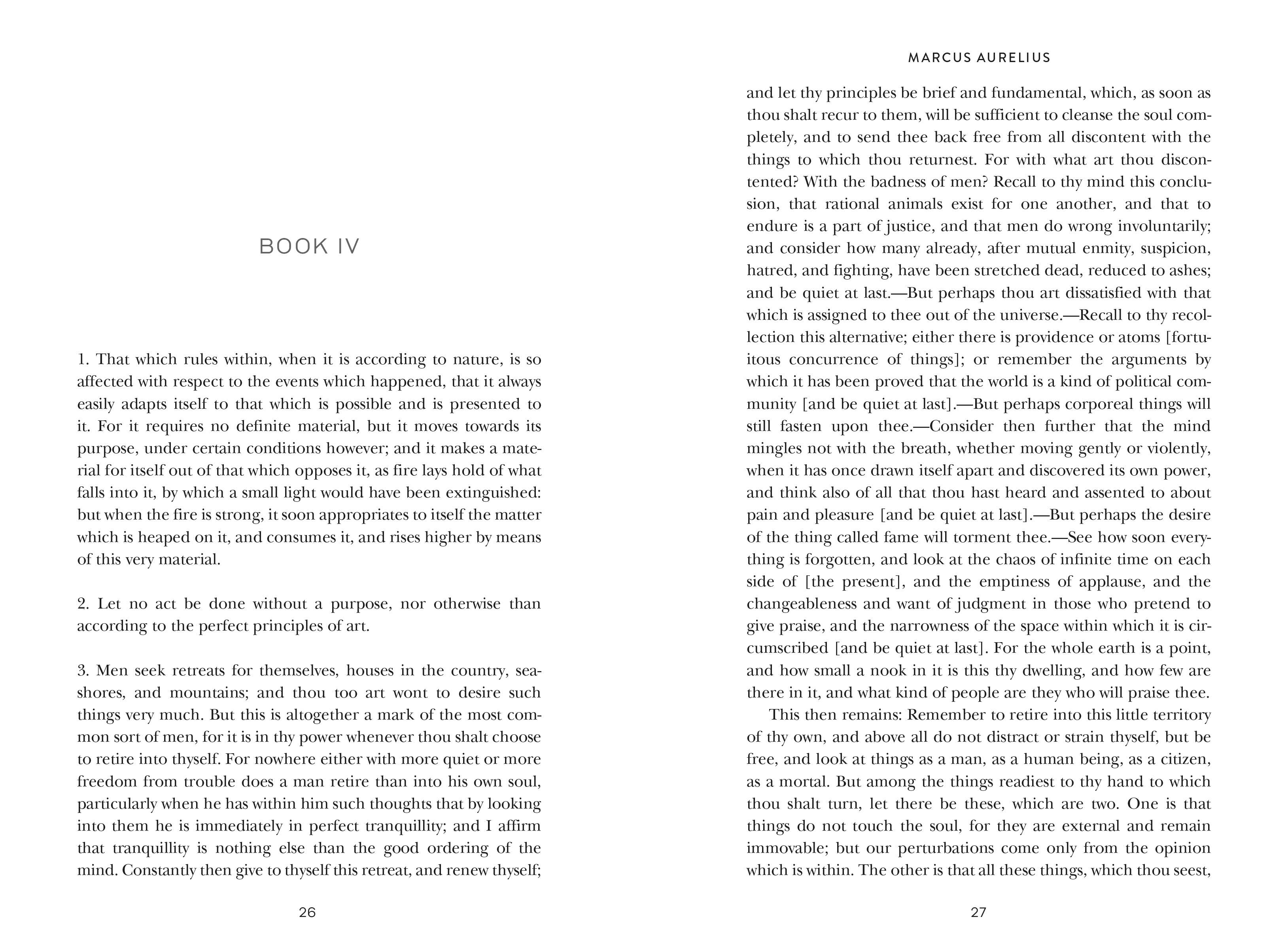 Open Meditations By Marcus Aurelius showing two pages from Book IV in English.