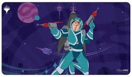 Space Beleren Playmat (UNF) Magic the Gathering featuring a cartoon astronaut in teal suit with ray guns floating in space.